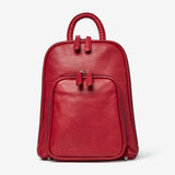 Osgoode Marley small organizer backpack in garnet color, showing front view with multiple compartments and stylish design.
