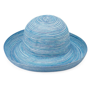 Light blue Wallaroo Sydney UPF 30+ packable hat with wide brim, large size, designed for sun protection and stylish outdoor wear.