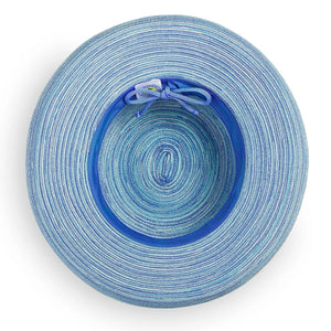 Light blue Sydney UPF 30+ packable hat by Wallaroo Hat Company with wide brim and adjustable chin strap.