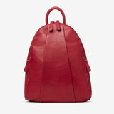 Osgoode Marley teardrop-shaped multi-zip backpack in garnet color, front view showing multiple compartments and stylish design.