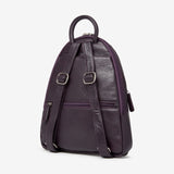 Osgoode Marley teardrop-shaped backpack with multiple zip compartments in plum color, featuring adjustable straps and front pocket.
