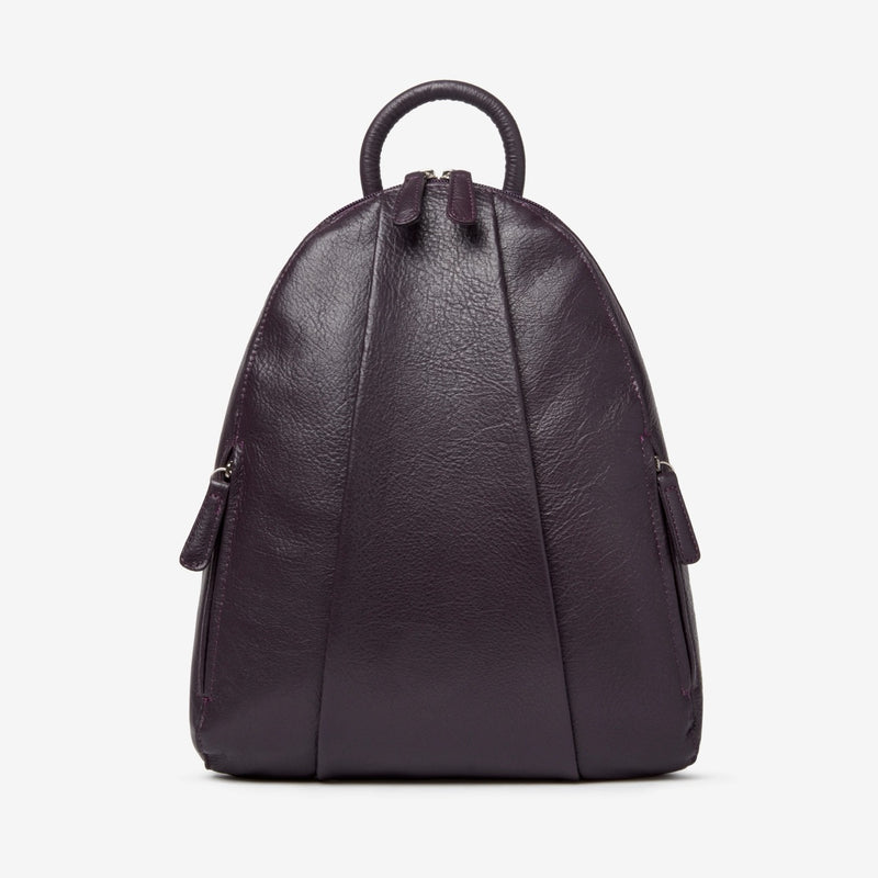 Osgoode Marley teardrop-shaped multi-zip backpack in plum color with front zippers and adjustable straps.
