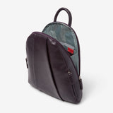 Osgoode Marley teardrop-shaped multi-zip backpack in plum color, showing side view with multiple zip compartments and adjustable straps.