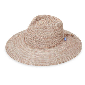 Victoria Fedora Diva UPF 50+ fedora hat by Wallaroo Hat Company, shown in mixed camel color from a side angle.