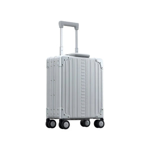 Silver Aleon 16-inch vertical underseat carry-on suitcase with compact design and durable wheels for easy travel.