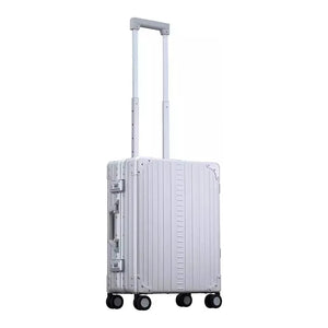 Silver Aleon 21-inch aluminum international carry-on suitcase with sleek design and durable construction.