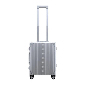 Silver Aleon 21-inch aluminum international carry-on suitcase with four spinner wheels and a sleek, durable design.