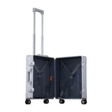 Silver Aleon 21-inch aluminum international carry-on suitcase with four spinner wheels and TSA lock for easy travel.