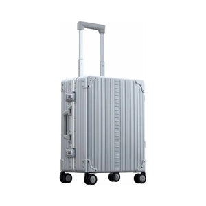Silver Aleon 21-inch Classic Carry-On luggage with hard shell and spinner wheels, designed for easy travel.