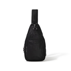 Baggallini Central Park Sling bag in black with adjustable strap and multiple compartments, showing the stylish, functional design.