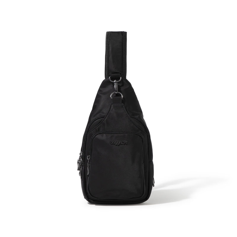 Baggallini Central Park Sling bag in black with adjustable strap and multiple compartments, showing the stylish, functional design.
