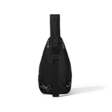 Baggallini Central Park Sling bag in black with adjustable strap and multiple compartments, shown on a neutral background.