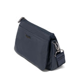 Black Baggallini Perry Crossbody bag made of twill fabric with adjustable strap and multiple compartments.
