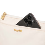 Black Baggallini Perry Crossbody bag made of twill fabric, featuring a compact design with a top zipper and adjustable strap.