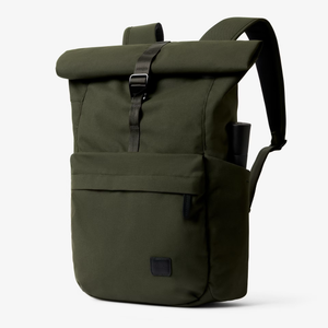 Bellroy Classic Rolltop backpack with durable fabric and adjustable leather straps, showing the rolltop closure and front pocket.