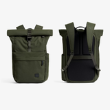 Bellroy Classic Rolltop backpack showing durable black fabric, rolltop closure, adjustable straps, and front pocket for storage.