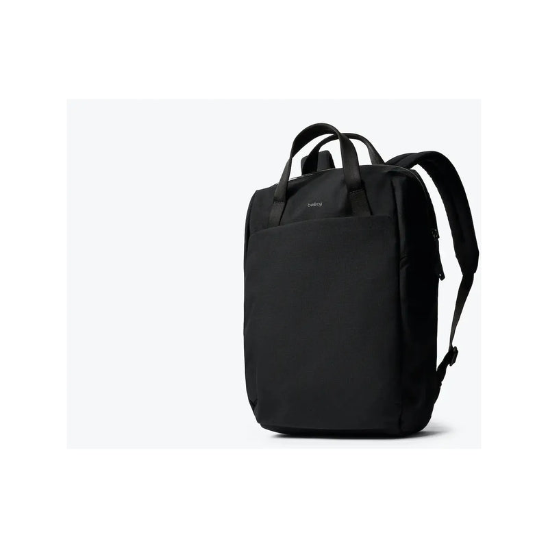 Bellroy Via Workpack backpack showing sleek black design with multiple compartments and padded shoulder straps.