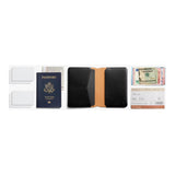 Black Bellroy passport cover with minimalist design and card slots, made from premium leather.
