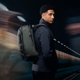 Bellroy Transit Workpack Pro 28L, a sleek black 3D image of the stylish, spacious backpack with multiple compartments and padded straps.