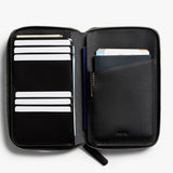 Bellroy Travel Folio 2nd Edition showing sleek leather exterior with multiple card slots and organized compartments inside.