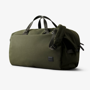 Bellroy Classic Duffel 35L bag with black fabric, sturdy handles, and zipper closure, designed for travel and everyday use.
