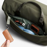 Bellroy Classic Duffel 35L black travel bag with padded handles, adjustable shoulder strap, and spacious main compartment.