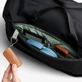 Bellroy Classic Duffel 45L black travel bag with sturdy handles and spacious main compartment, ideal for short trips.