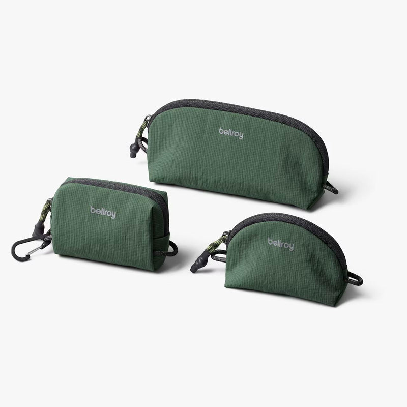 Bellroy Lite Pocket Trio packing organizers in spruce color, compact and lightweight for travel storage and organization.