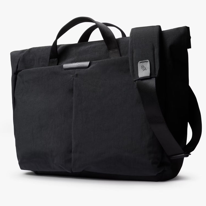 Bellroy Tokyo Messenger Bag 16-inch in raven color, showcasing durable fabric and sleek design with multiple compartments.