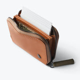 Bellroy Folio Mini in toffee color, showcasing compact leather wallet with multiple card slots and a sleek design.
