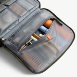 Bellroy Hanging Toiletry Kit Plus in stone color, compact toiletry bag with multiple compartments for travel organization.