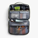 Bellroy Hanging Toiletry Kit Plus in stone, a compact toiletry bag with hanging hook, organized compartments, and durable fabric.