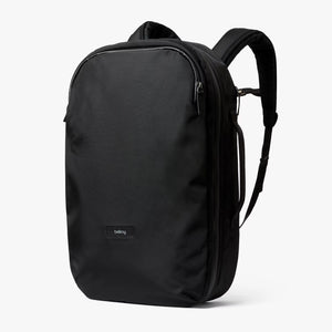 Bellroy Transit Travel Pack Pro backpack with multiple compartments, padded straps, and sleek black design for travel and daily use.