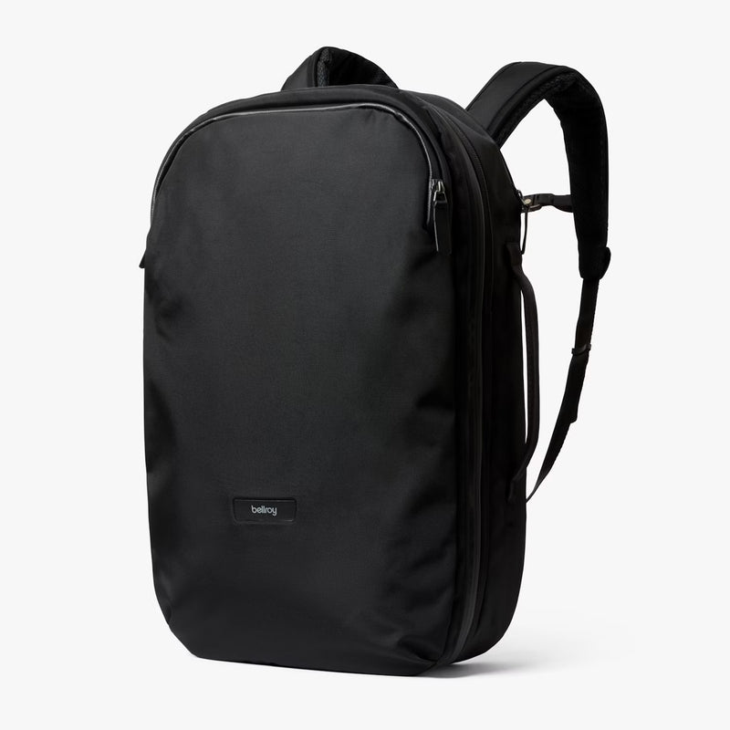 Black Bellroy Transit Travel Pack Pro backpack with multiple compartments and padded shoulder straps, designed for organized travel.