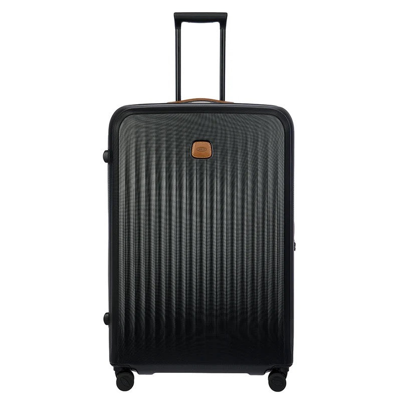 Bric's Taormina 32-inch expandable large spinner suitcase with four wheels, black color, and durable hard shell exterior.