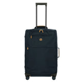 Black Bric's X-Collection checked 27-inch spinner suitcase with four wheels and an retractable handle, designed for travel.