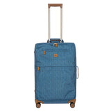 Black Bric’s X-Collection checked 27-inch spinner suitcase with four wheels and retractable handle, designed for travel.