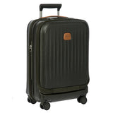 Bric's Taormina 21-inch expandable spinner carry-on luggage with front pocket and durable wheels, shown open with interior compartments.