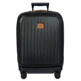 Bric's Taormina 21-inch expandable spinner carry-on luggage with front pocket, black hard-shell with silver accents.