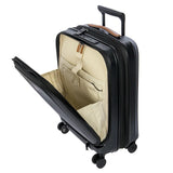 Bric's Taormina 21-inch expandable spinner carry-on luggage with front pocket, black hard-shell exterior, and multi-directional wheels.
