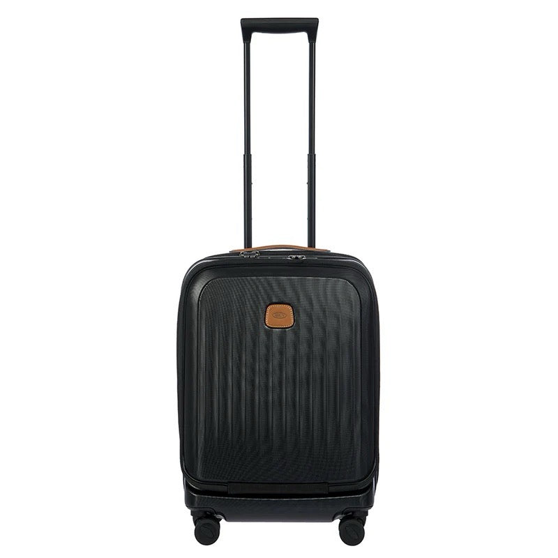 Bric's Taormina 21-inch expandable spinner carry-on luggage with pocket, black hard-shell exterior and four spinner wheels.
