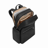 Briggs & Riley Rhapsody medium navy backpack with multiple compartments and padded shoulder straps, ideal for travel and daily use.
