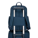 Navy Briggs & Riley Rhapsody medium backpack with multiple compartments and padded shoulder straps for comfortable carrying.