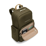 Navy Briggs & Riley Rhapsody medium backpack with padded shoulder straps and multiple compartments for travel and daily use.