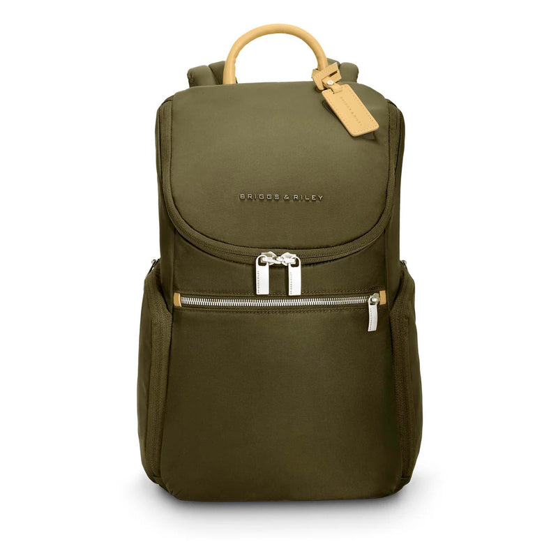 Olive Briggs & Riley Rhapsody U-Zip Backpack with multiple compartments and padded shoulder straps for comfortable carrying.