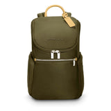 Olive Briggs & Riley Rhapsody U-Zip Backpack with multiple compartments and padded shoulder straps for comfortable carrying.