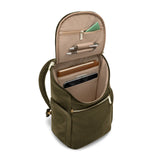 Olive Briggs & Riley Rhapsody U-Zip backpack with multiple compartments and padded straps, designed for travel and daily use.