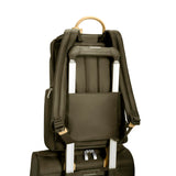 Olive Briggs & Riley Rhapsody U-Zip backpack with multiple compartments and padded shoulder straps, designed for travel and daily use.