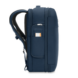 Briggs & Riley Baseline medium convertible backpack with expanded compartments, black fabric, and adjustable straps.