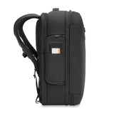 Briggs & Riley Baseline medium convertible backpack with multiple compartments and padded straps, shown from the side.